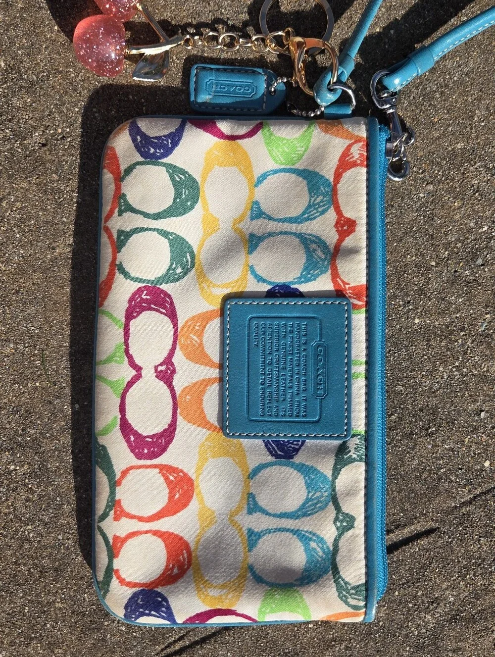 Vintage Y2K Coach Hampton Scribble Wristlet Teal  Multicolor & Cherry Charm 🍒